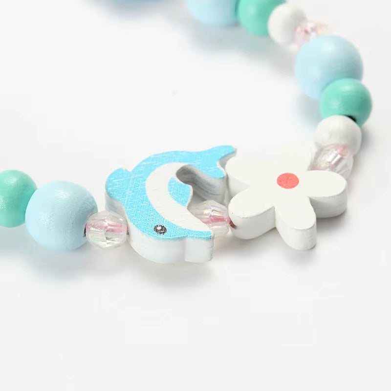 2Pcs/Set Fashion Natural Wood Beads Jewelry Cute Animal Pattern Necklace Bracelet for Party Jewelry Girl Birthday Gift