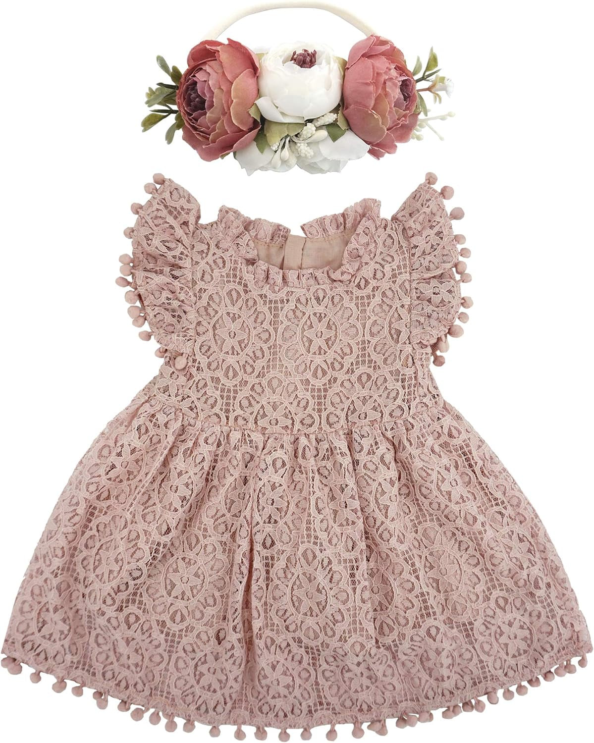 Baby Girl Tutu Dress Elegant Lace Pom Pom Flutter Sleeve with Flower Headband Set