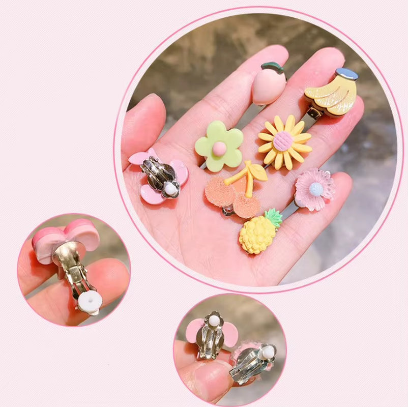 10Pcs/Lot Mixed Styles Lot Lovely Dessert Children Jewelry Baby Girl Earrings Kids Ear Clip on Pierced Alloy Painless Earrings