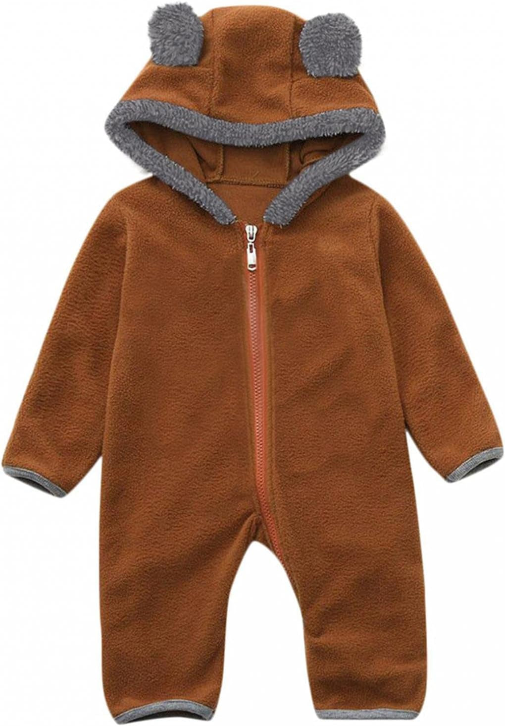 Newborn Baby Boy Girl Footed Hooded Romper Bear Ears Cute Cartoon Fleece Jumpsuit Coat Infant Zipper Bodysuit Winter