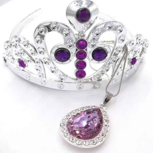 2023 Kids Girls Princess Sofi the First Purple Teardrop Amulet Chain Necklaces Tiara Crown Hair Clip Jewelry Set Gift for Child