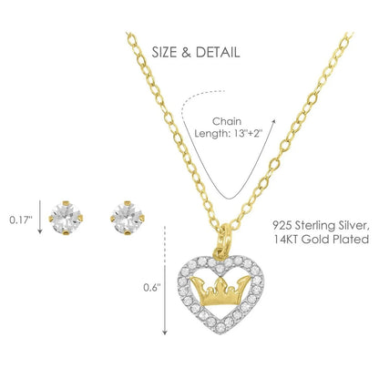 14K Gold Plated Sterling Silver Crystal Heart Necklace & Studs Children’S Set