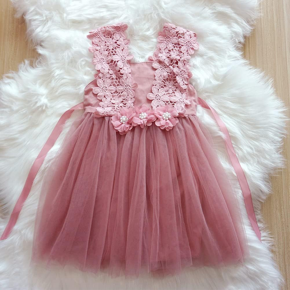 Baby Girl Flower Lace Dress Elegant Princess Toddler Tulle Dress for Wedding Birthday Party.