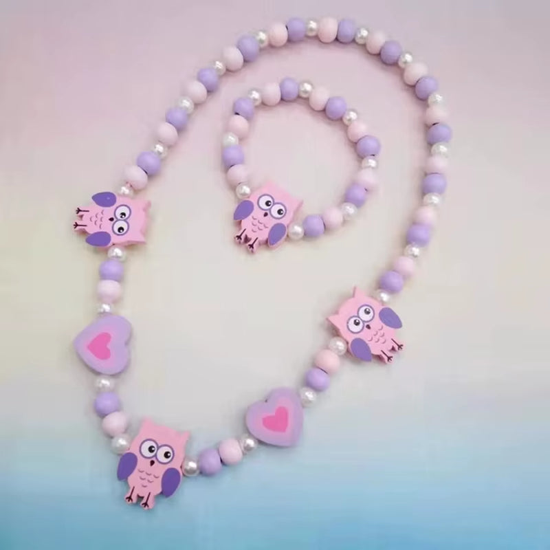 2Pcs/Set Fashion Natural Wood Beads Jewelry Cute Animal Pattern Necklace Bracelet for Party Jewelry Girl Birthday Gift