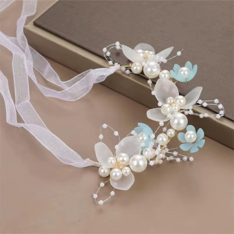 Spring Bohemian Girls Bridal Pearl Hair Headdress Flower Wreath Bride Garland Head Hoop Headbands Hair Jewelry Children Gifts