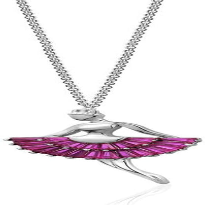 Sterling Silver Necklace Pendant for Girls Ballerina Ballet Dancer with Simulated Diamonds Baguettes 17.5"