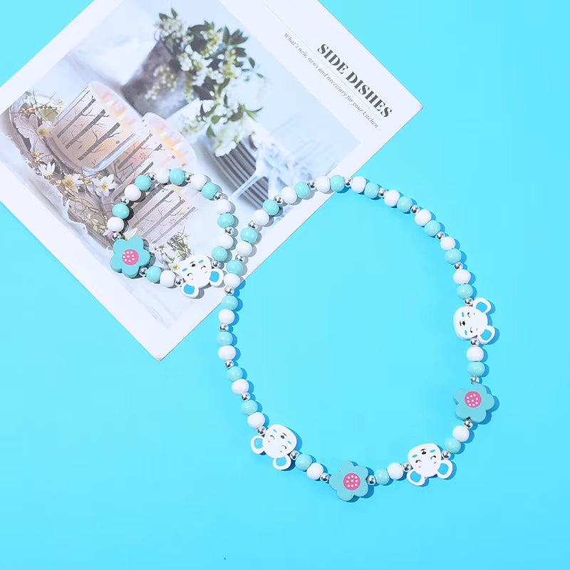 2Pcs/Set Fashion Natural Wood Beads Jewelry Cute Animal Pattern Necklace Bracelet for Party Jewelry Girl Birthday Gift