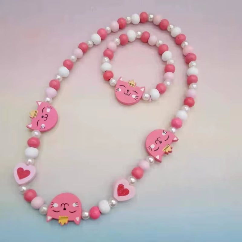 2Pcs/Set Fashion Natural Wood Beads Jewelry Cute Animal Pattern Necklace Bracelet for Party Jewelry Girl Birthday Gift