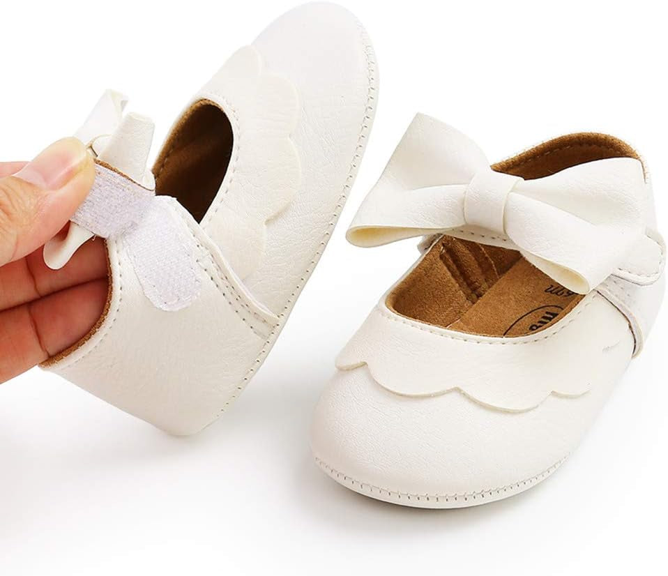 Baby Girls Mary Jane Flats with Bownot Non Slip Soft Sole PU Leather Newborn Infant Toddler First Walker Cirb Dress Shoes