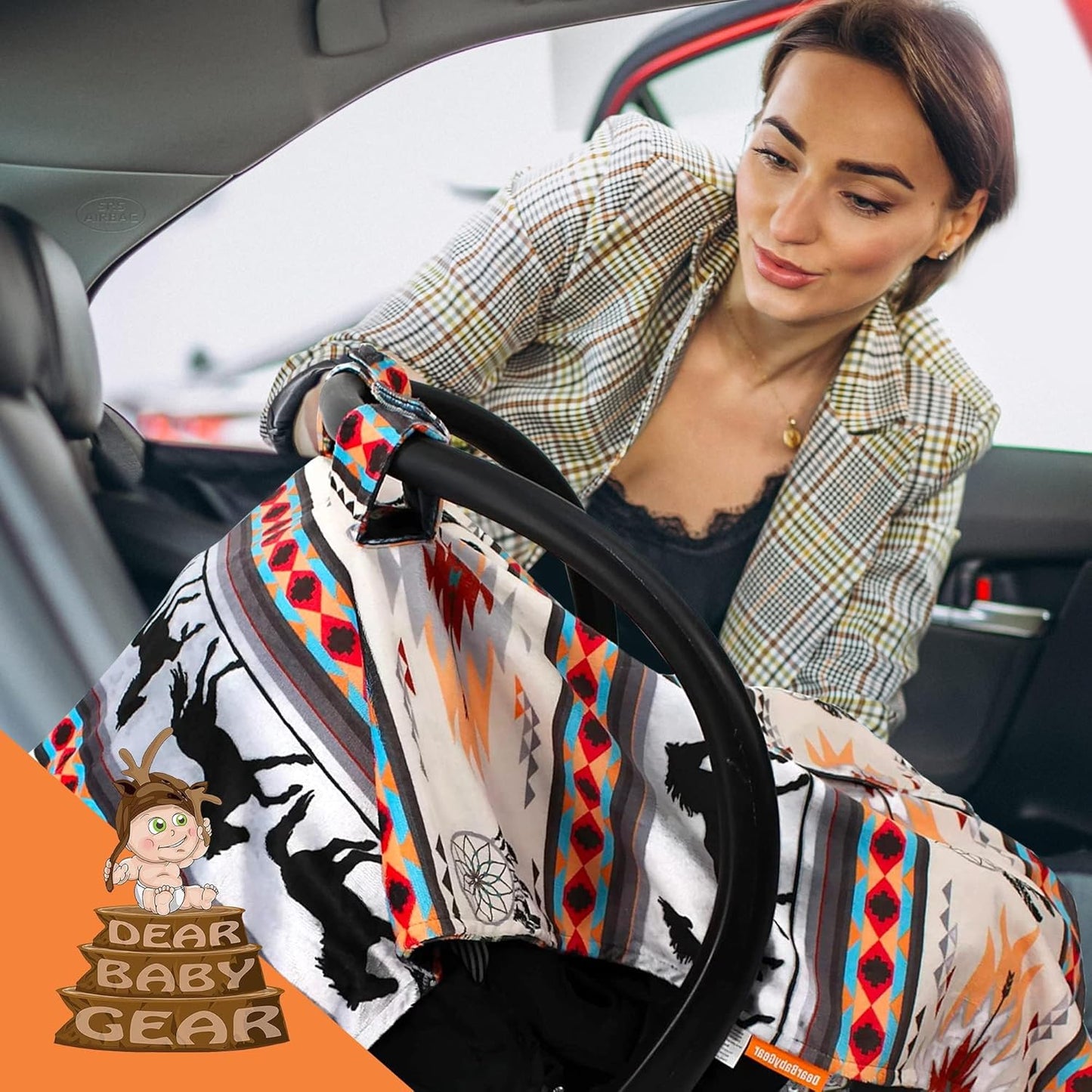 - Car Seat Canopy - Infant Car Seat Covers - Carseat Canopy for Boys and Girls - Car Seat Cover W/Snap Opening- 40"X30" (Southwestern Tribal Horses - Reversible)