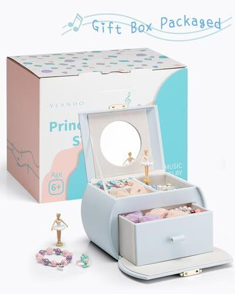 Kids Musical Jewelry Box for Girls with Drawer, Music Box with Light Blue