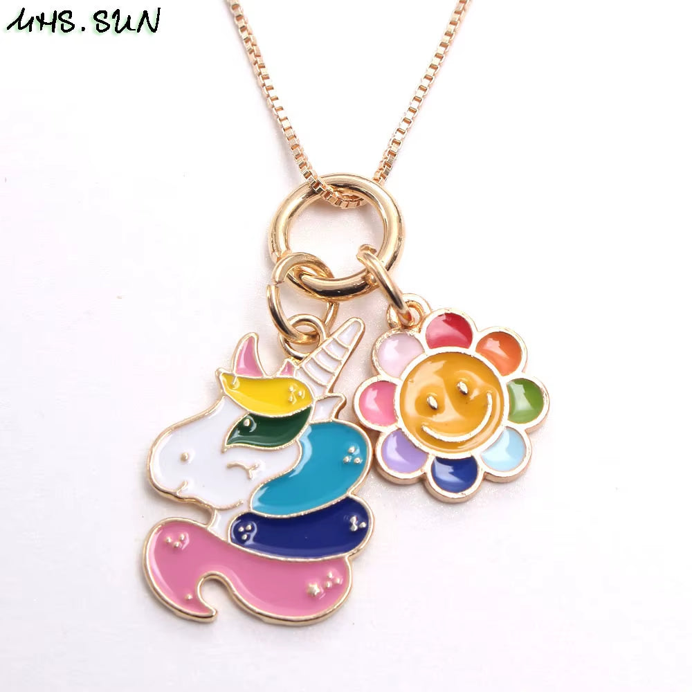 DIY Cute Baby Kids Cartoon Unicorn Pendant Necklace Fashion Girls Charms Chain Necklace Children Jewelry for Party Gift