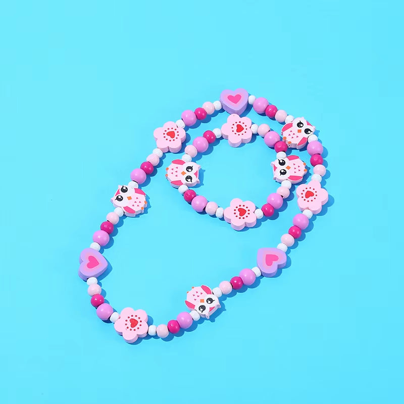 2Pcs/Set Fashion Natural Wood Beads Jewelry Cute Animal Pattern Necklace Bracelet for Party Jewelry Girl Birthday Gift