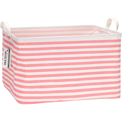 Collapsible Canvas Fabric Storage Basket with Handles, Rectangle Waterproof Storage Bin, Box, Cube, Foldable Shelf Basket, Closet Organizer, 16.5 X 11.8 X 9.8 Inches, Pink Stripe