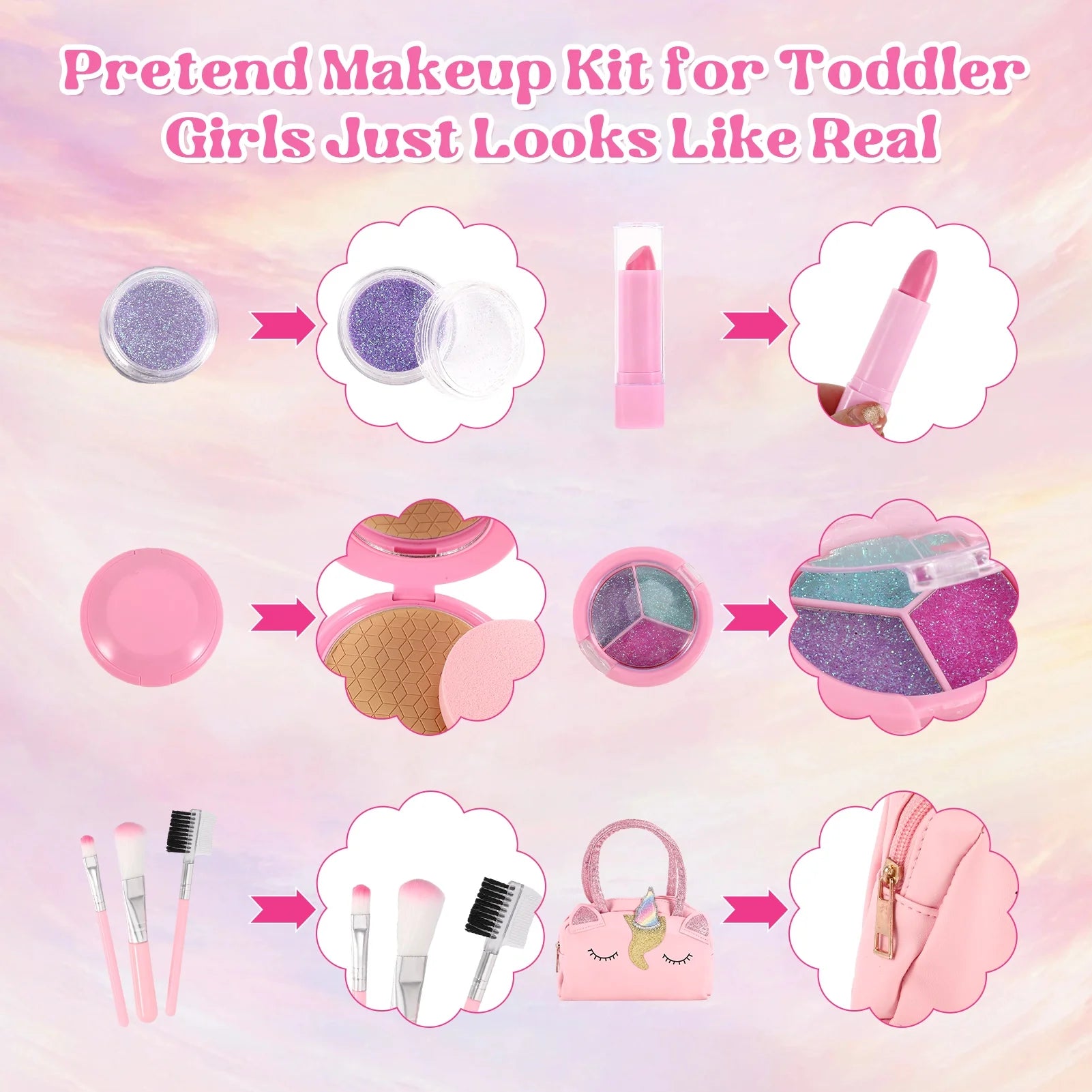 Pretend Makeup for Toddlers, Kids Makeup Kit for Girl, Washable Makeup Girls Toys with Cosmetic Case, Play Makeup for Little Girls Age 3-10 Christmas Birthday Gifts Toys