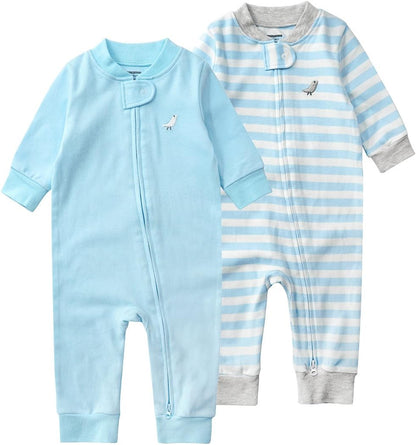 Baby 2-Pack 100% Cotton Romper Jumpsuits Two Way Zipper Long Sleeve Footless Sleep and Play