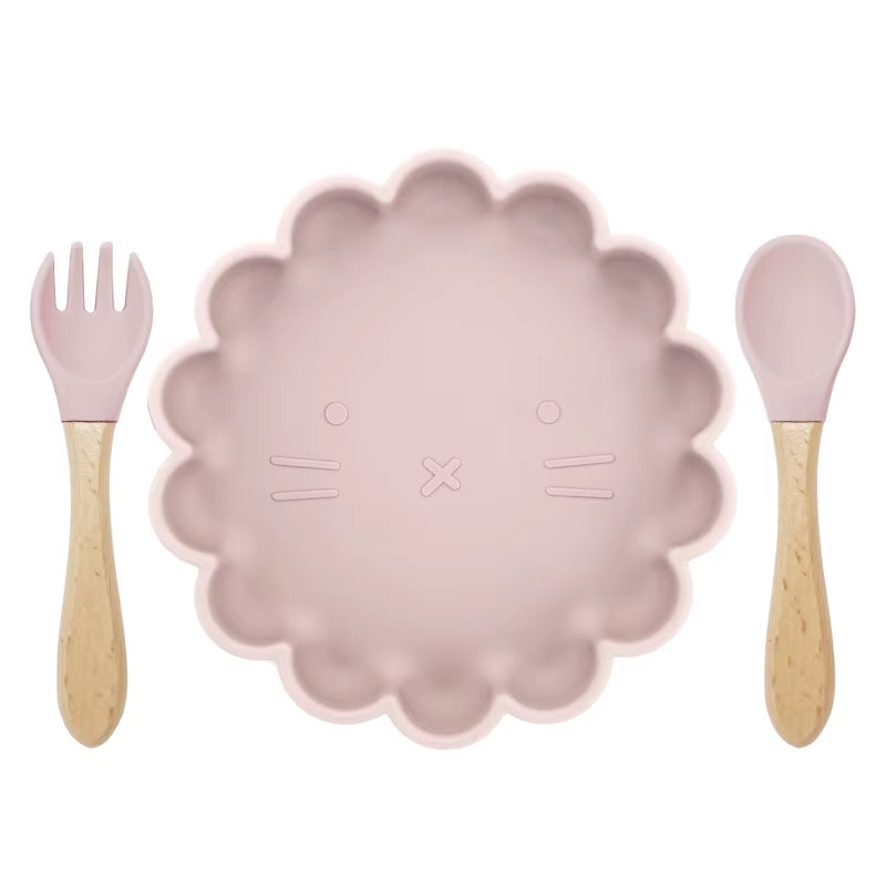 3Pcs Baby Plate Spoon Fork Feeding Food Tableware Set Feeding Bowl Food Grade Silicone Non-Slip Flower Shape Bowl BPA Free