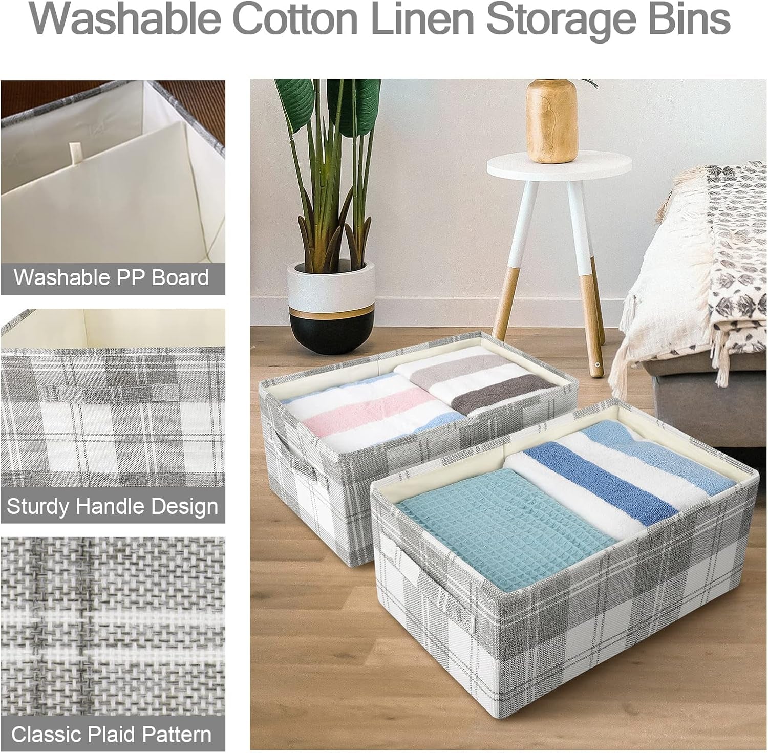 2PCS Storage Baskets Closet Storage Organizer Bins with Handles, Foldable Large Fabric Storage Bins for Shelves, Rectangular Baskets Laundry Clothes Blanket Cubes - Light Gray, Large