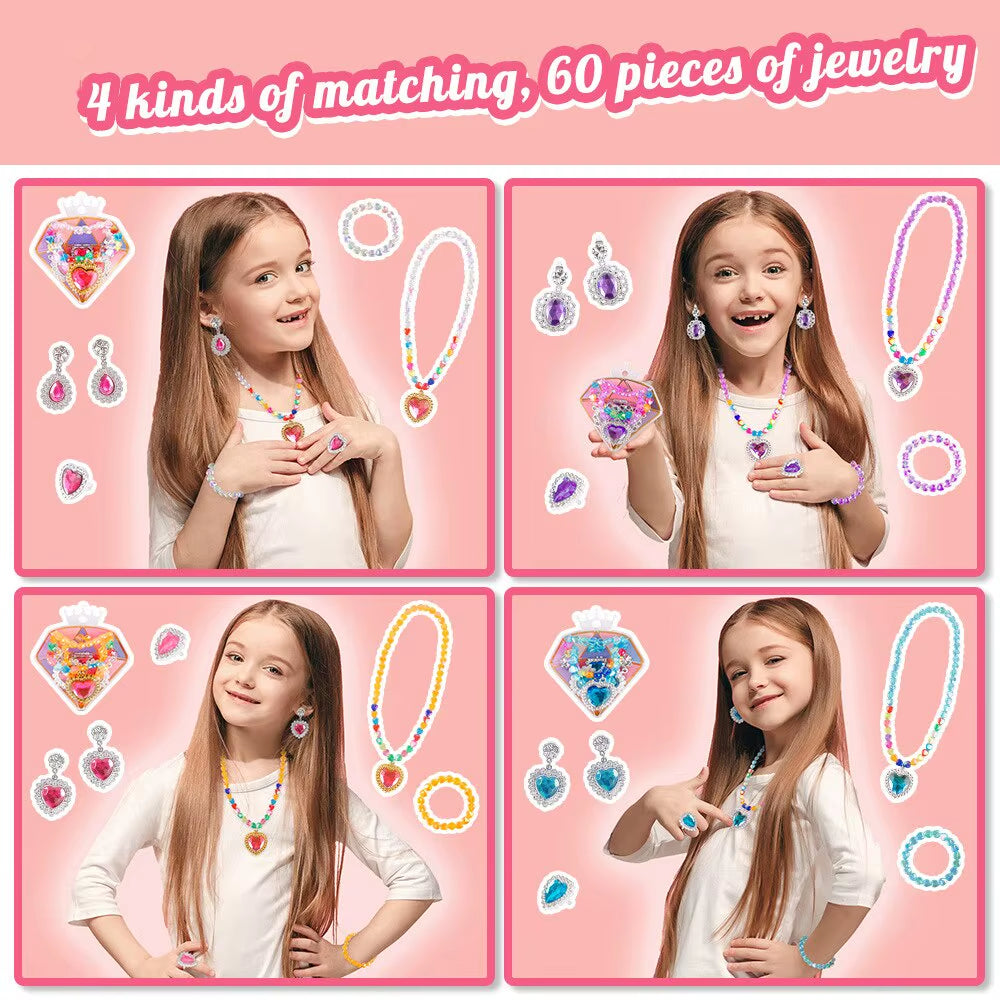 Princess Diamond Jewelry Box Fashion Girl Necklace Ear Ring Bracelet Sets Role Playing Crafts Set for Girls Playing