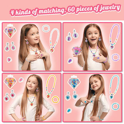 Princess Diamond Jewelry Box Fashion Girl Necklace Ear Ring Bracelet Sets Role Playing Crafts Set for Girls Playing