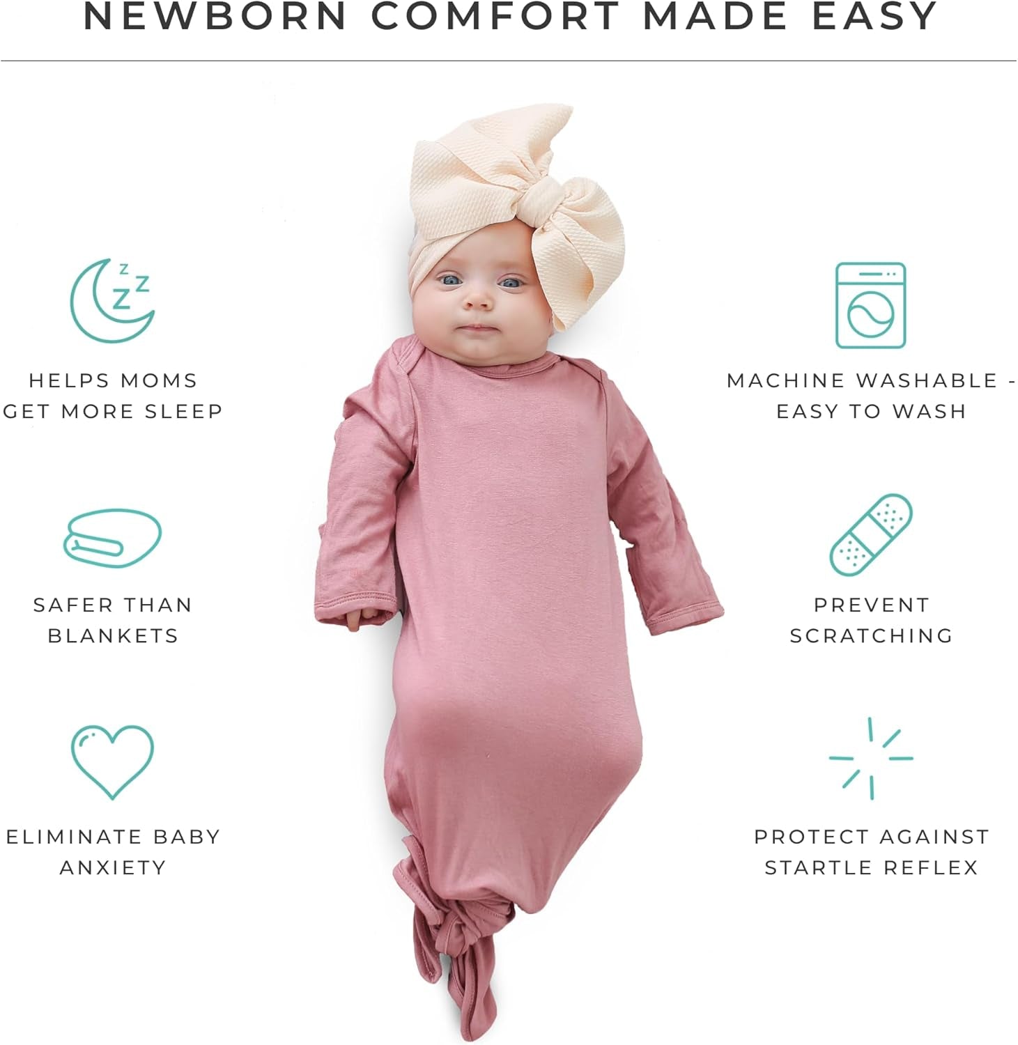 Knotted Newborn Gown - Newborn Gowns for Girls, Baby Sleep Gown - Baby Girl Gowns 0-3 Months, Baby Knotted Gowns Dusty Rose