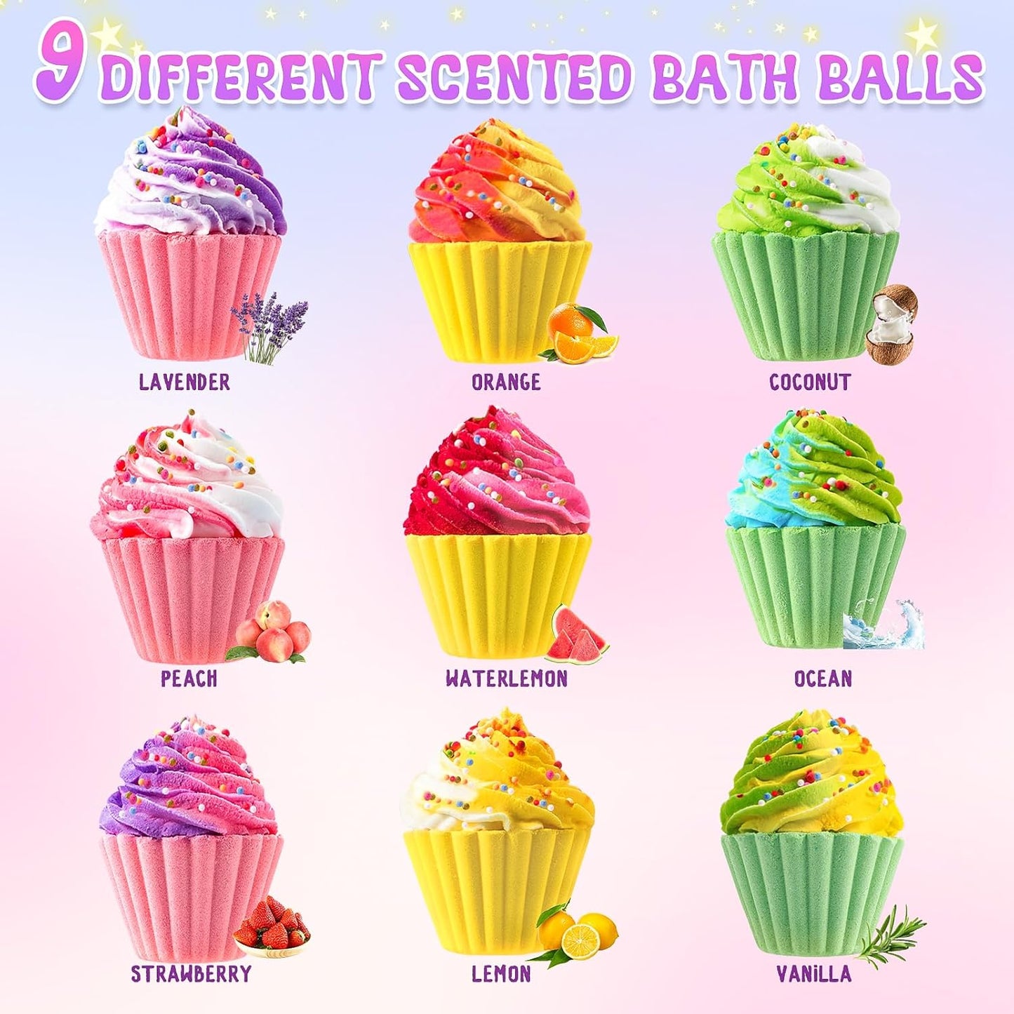 9 Pack Cupcake Bath Bombs for Kids with Surprise Inside, Handmade Bubble Large Bath Fizzes Bomb with Jewelry for Kids Girls, Chrildren Birthday Christmas and Party Favor Gifts Set