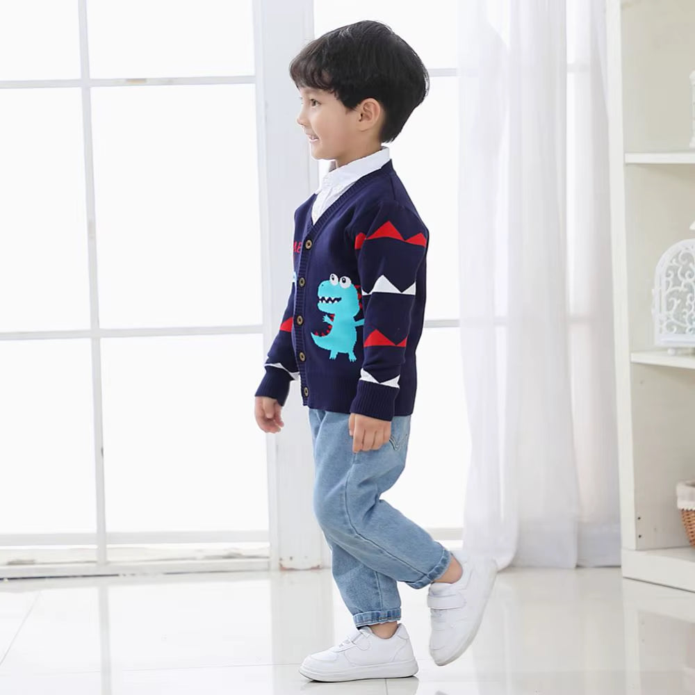 Autumn Winter Kids Cardigan Sweater Baby Boys Girls V-Neck Cartoon Dinosaur Children Sweater Knitted Cardigan Coat Outwear 1-8Y