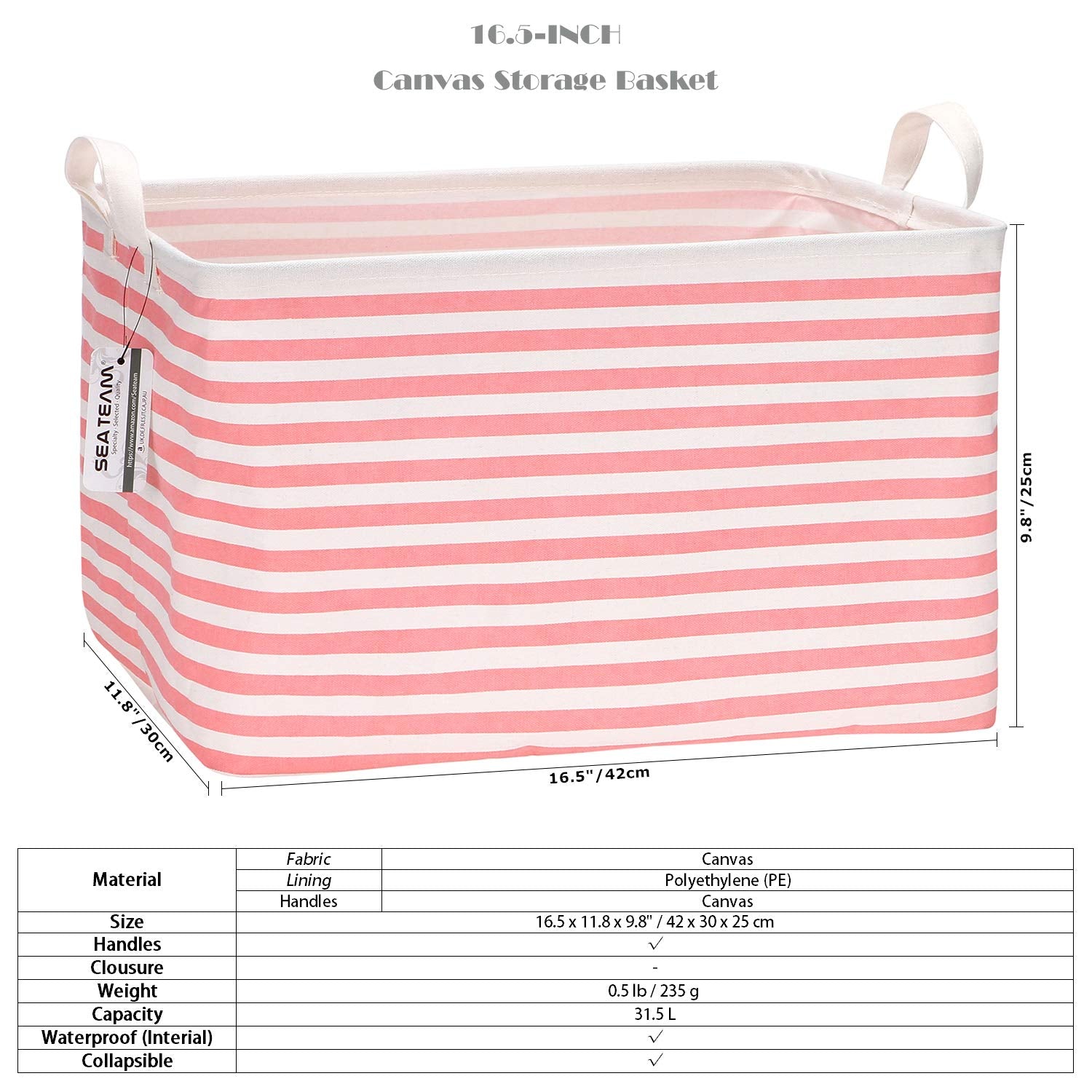 Collapsible Canvas Fabric Storage Basket with Handles, Rectangle Waterproof Storage Bin, Box, Cube, Foldable Shelf Basket, Closet Organizer, 16.5 X 11.8 X 9.8 Inches, Pink Stripe