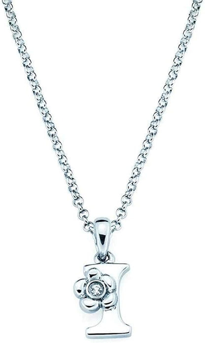 Diamond Accent Initial Letter with Flower Accent Sterling Silver Girls Pendant Necklace with 14" Rolo Chain and 2" Extender