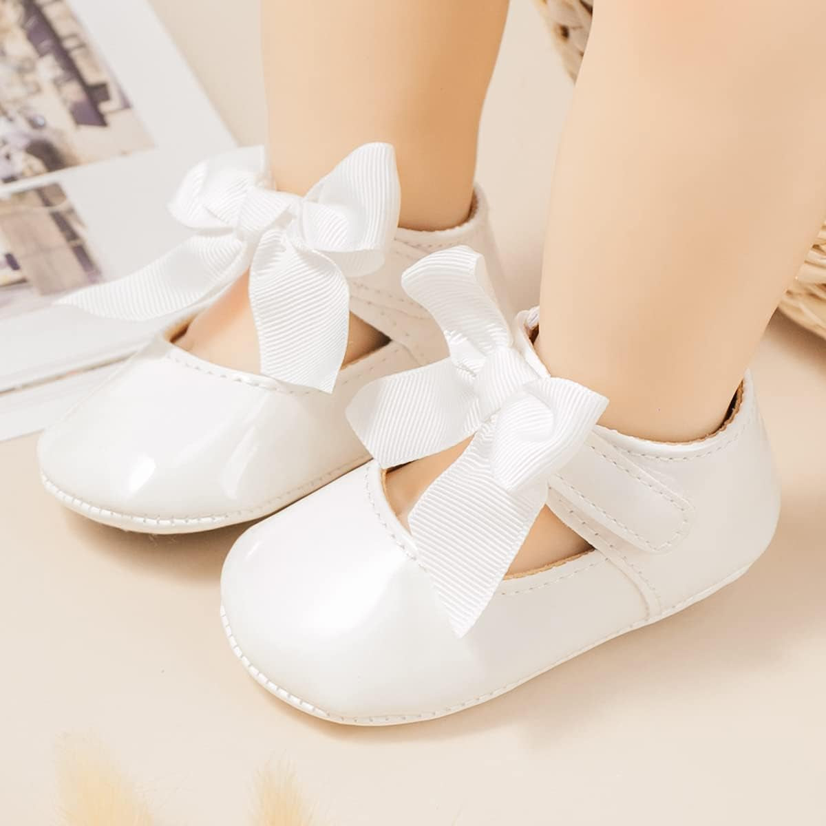 Baby Girls Soft Princess Dress Flats Shoes Infant Wedding Mary Jane Anti-Slip First Walker Newborn Shoe Baptism Christening Texture Sole Sneaker Shoes