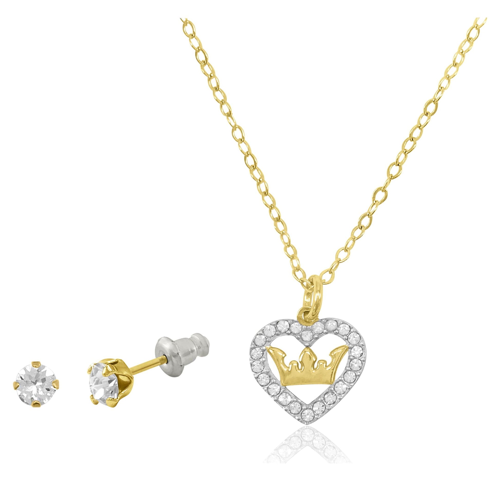 14K Gold Plated Sterling Silver Crystal Heart Necklace & Studs Children’S Set