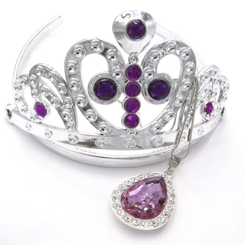 2023 Kids Girls Princess Sofi the First Purple Teardrop Amulet Chain Necklaces Tiara Crown Hair Clip Jewelry Set Gift for Child