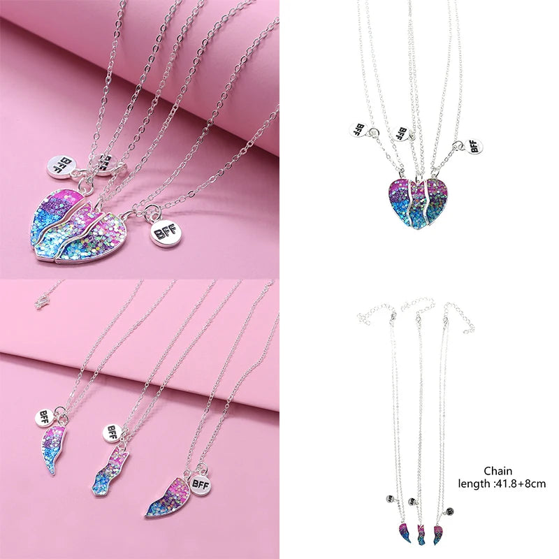 3Pcs/Set Peach Broken Heart Pendant for Girls 3 Bestie Friendship BFF Necklaces Best Friend Jewelry Gifts