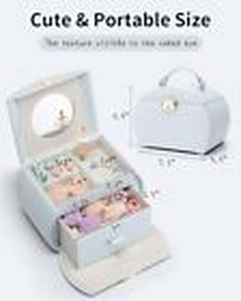 Kids Musical Jewelry Box for Girls with Drawer, Music Box with Light Blue