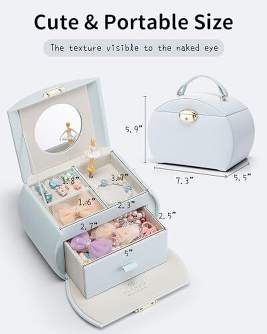 Kids Musical Jewelry Box for Girls with Drawer, Music Box with Light Blue