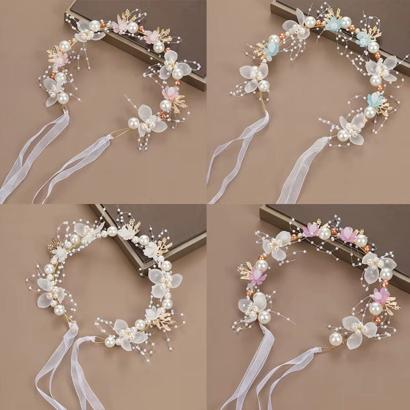 Spring Bohemian Girls Bridal Pearl Hair Headdress Flower Wreath Bride Garland Head Hoop Headbands Hair Jewelry Children Gifts