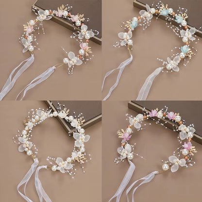 Spring Bohemian Girls Bridal Pearl Hair Headdress Flower Wreath Bride Garland Head Hoop Headbands Hair Jewelry Children Gifts