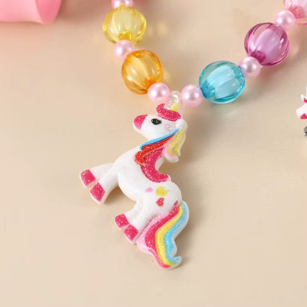 Children Rainbow Horse Patter Watch Jewelry Set Necklace Earrings Ring Bracelet Gifts for Children and Girls