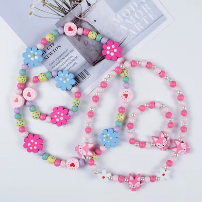 New Cute Cartoon Wooden Flower Animal Child Sweater Necklace Bracelet Girls Gifts Children Jewelry for Party Birthday Gifts