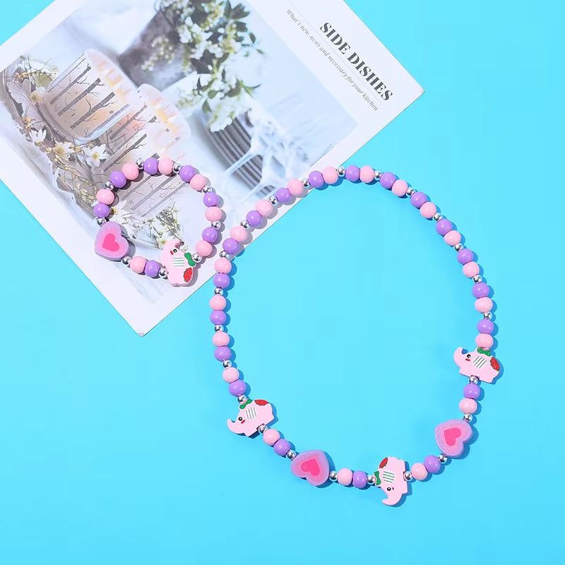 2Pcs/Set Fashion Natural Wood Beads Jewelry Cute Animal Pattern Necklace Bracelet for Party Jewelry Girl Birthday Gift