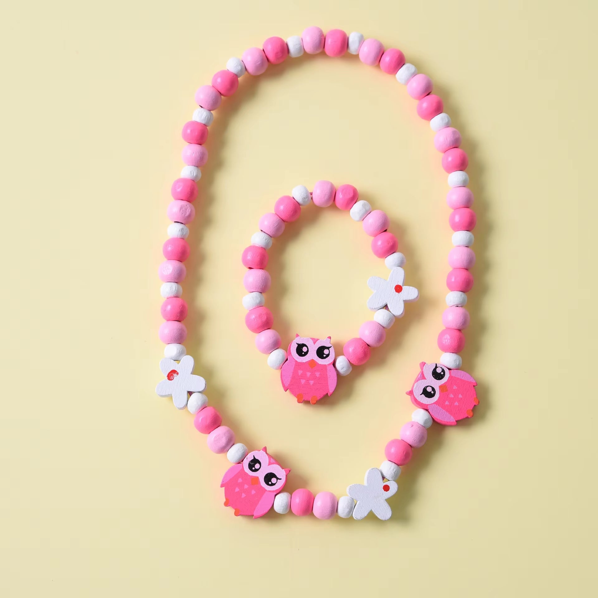 2Pcs/Set Fashion Natural Wood Beads Jewelry Cute Animal Pattern Necklace Bracelet for Party Jewelry Girl Birthday Gift