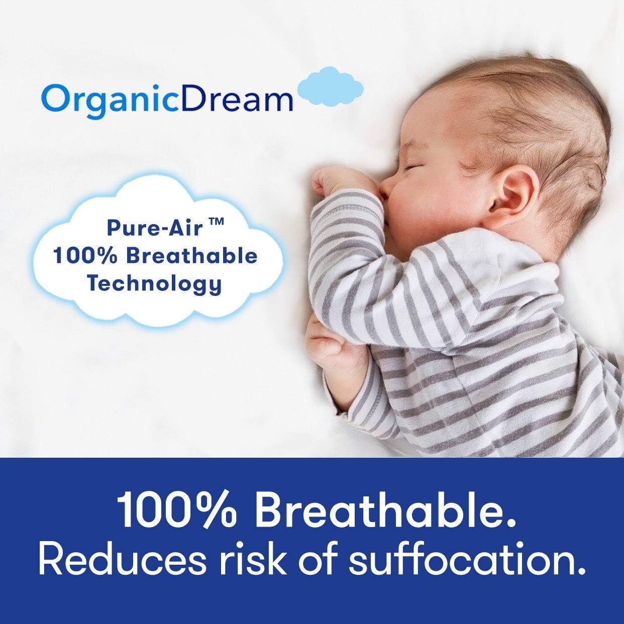 Organic Dream Crib Mattress + Toddler Bed - 100% Breathable Proven to Reduce Suffocation Risk, Hypoallergenic, GREENGUARD Certified - Lightweight 2-Stage Removable Cover - Deluxe 6" Thick - White