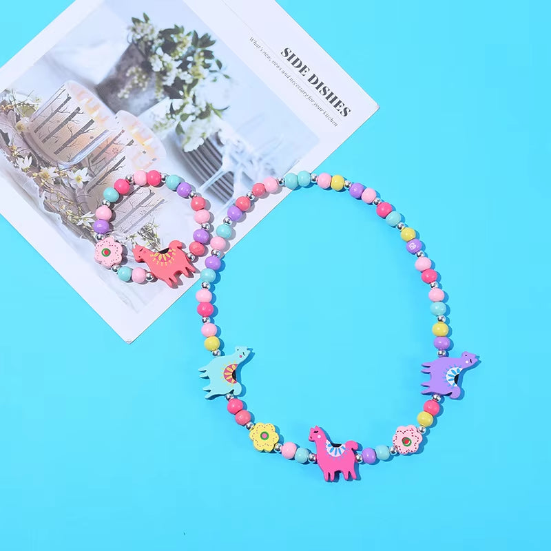 2Pcs/Set Fashion Natural Wood Beads Jewelry Cute Animal Pattern Necklace Bracelet for Party Jewelry Girl Birthday Gift