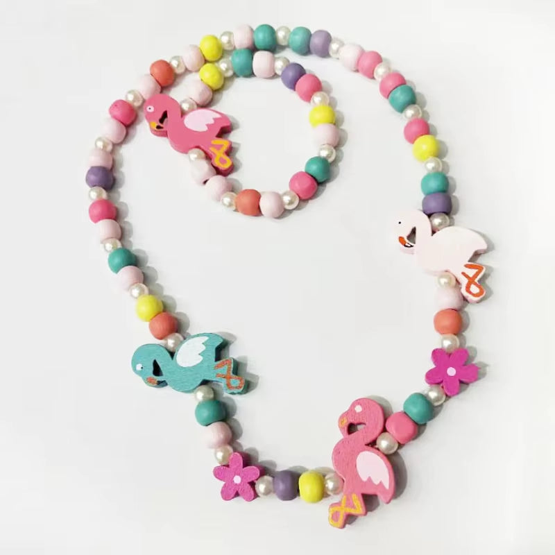 2Pcs/Set Fashion Natural Wood Beads Jewelry Cute Animal Pattern Necklace Bracelet for Party Jewelry Girl Birthday Gift