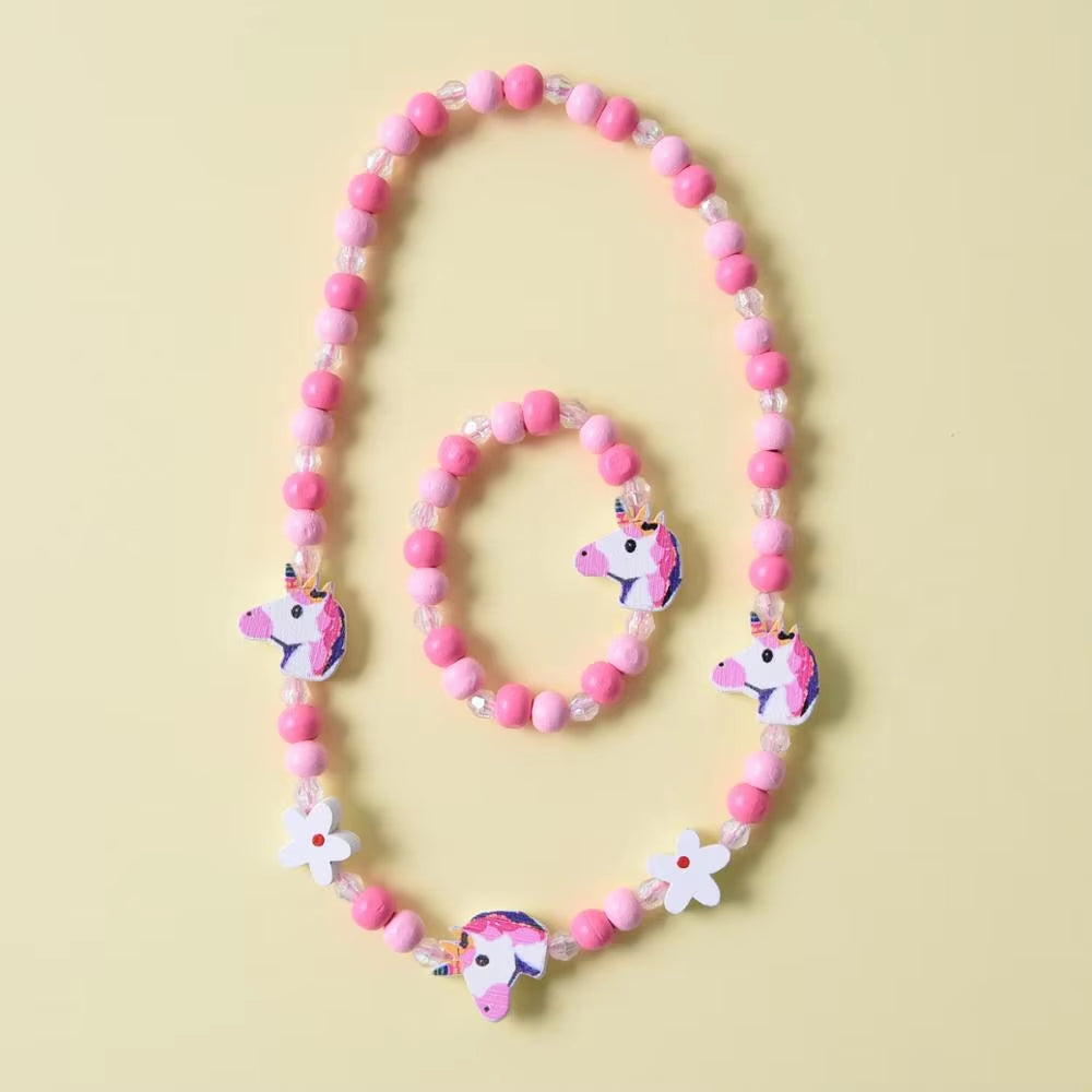 2Pcs/Set Fashion Natural Wood Beads Jewelry Cute Animal Pattern Necklace Bracelet for Party Jewelry Girl Birthday Gift