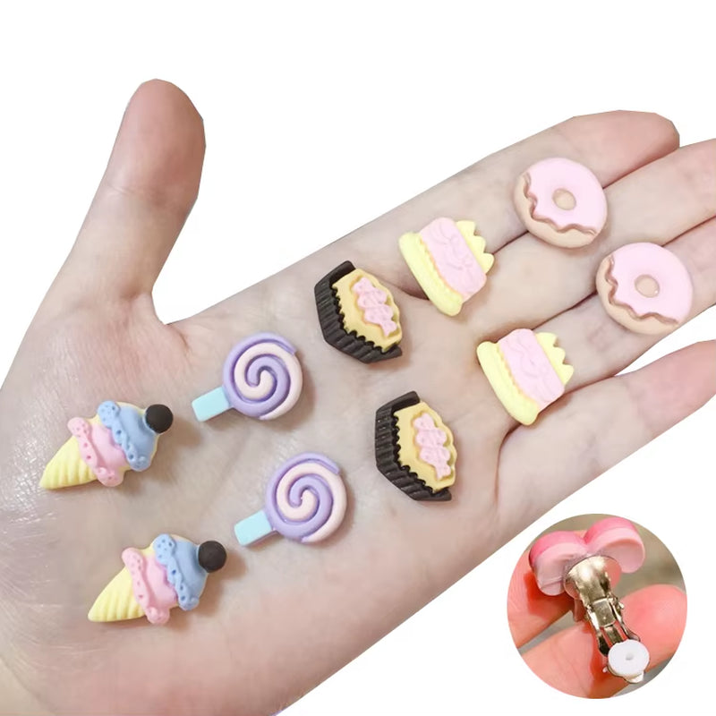 10Pcs/Lot Mixed Styles Lot Lovely Dessert Children Jewelry Baby Girl Earrings Kids Ear Clip on Pierced Alloy Painless Earrings