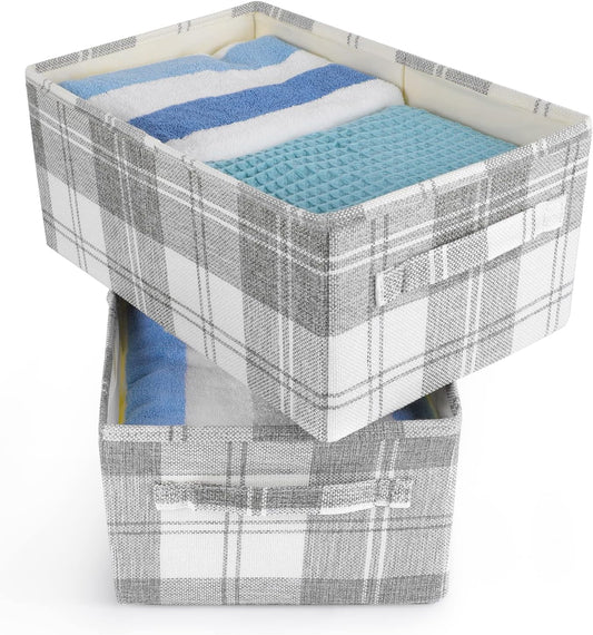 2PCS Storage Baskets Closet Storage Organizer Bins with Handles, Foldable Large Fabric Storage Bins for Shelves, Rectangular Baskets Laundry Clothes Blanket Cubes - Light Gray, Large