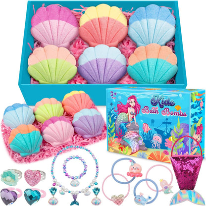 Bath Bombs for Kids Girls, 6 PCS Mermaid Bath Bombs with Surprise inside Natural Organic Kids Bath Bombs Shell Set with Pearl Jewelry Bathbombs Gifts for Girls Birthday Christmas Easter Party Favors