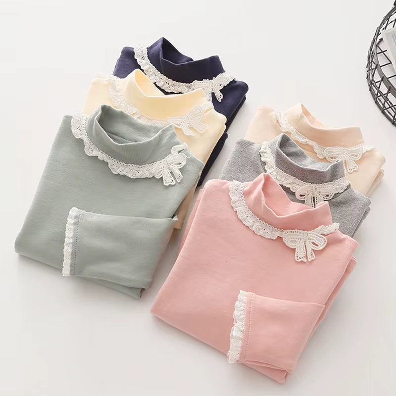 2024 Spring Autumn 3 4 5 6 7 8 10 12 Years Children'S Clothing Princess Bowtie Basic Blouse Kids Baby Girls Long Sleeve T-Shirt