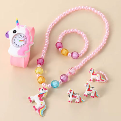 Children Rainbow Horse Patter Watch Jewelry Set Necklace Earrings Ring Bracelet Gifts for Children and Girls